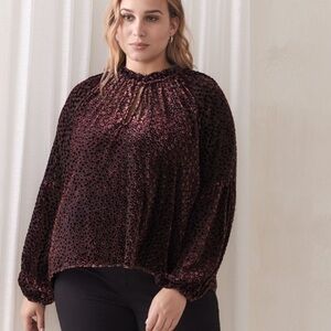 NWOT Addition Elle Balloon-Sleeve Burnout Velvet Blouse color Winetasting size X